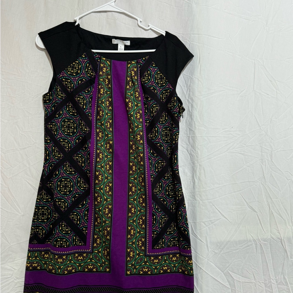 London Style Collection   Size L Cap Sleeve SHEATH DRESS    Purple-Black Print